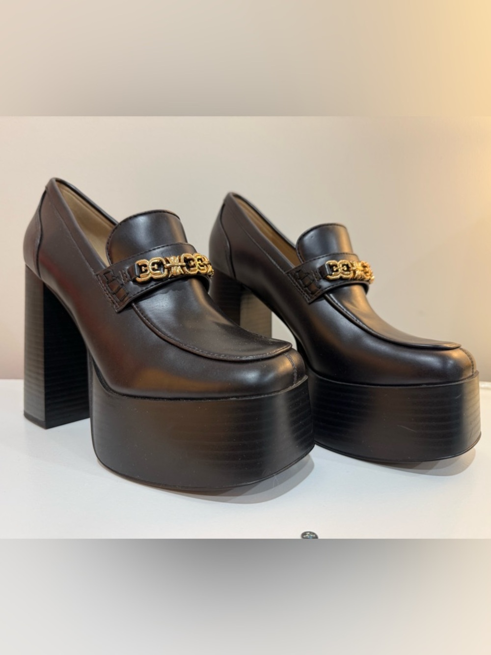 Sam Edelman Black Leather Platform Loafer with Gold Chain Accent - Picture 7 of 10